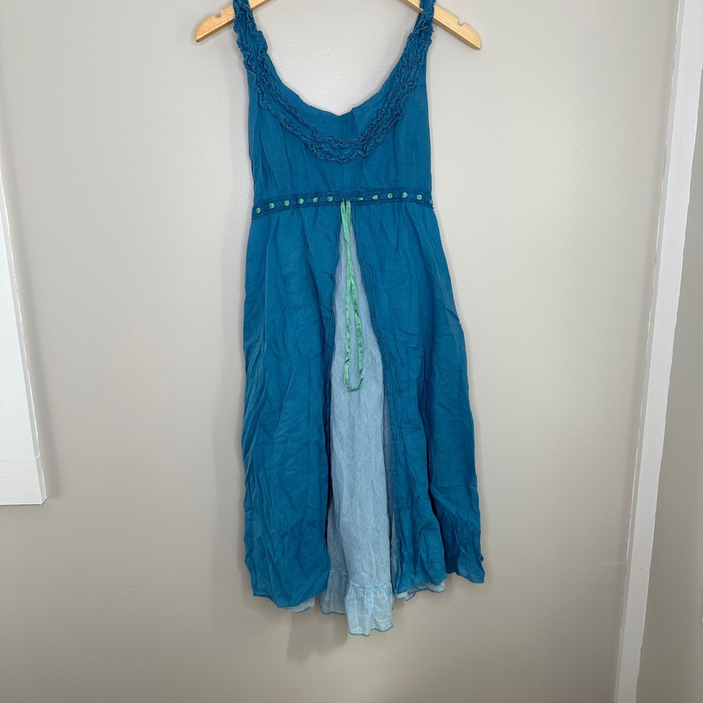 Y2K Women's Blue Embroidered Boho Dress‎ Sleeveless Lined Adjustable Strap Fairy